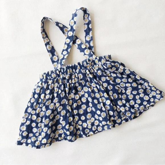 BABY Navy Blue Pinafore Skirt with White Daisy Flower Floral Print Cotton Size 0 - Picture 5 of 6